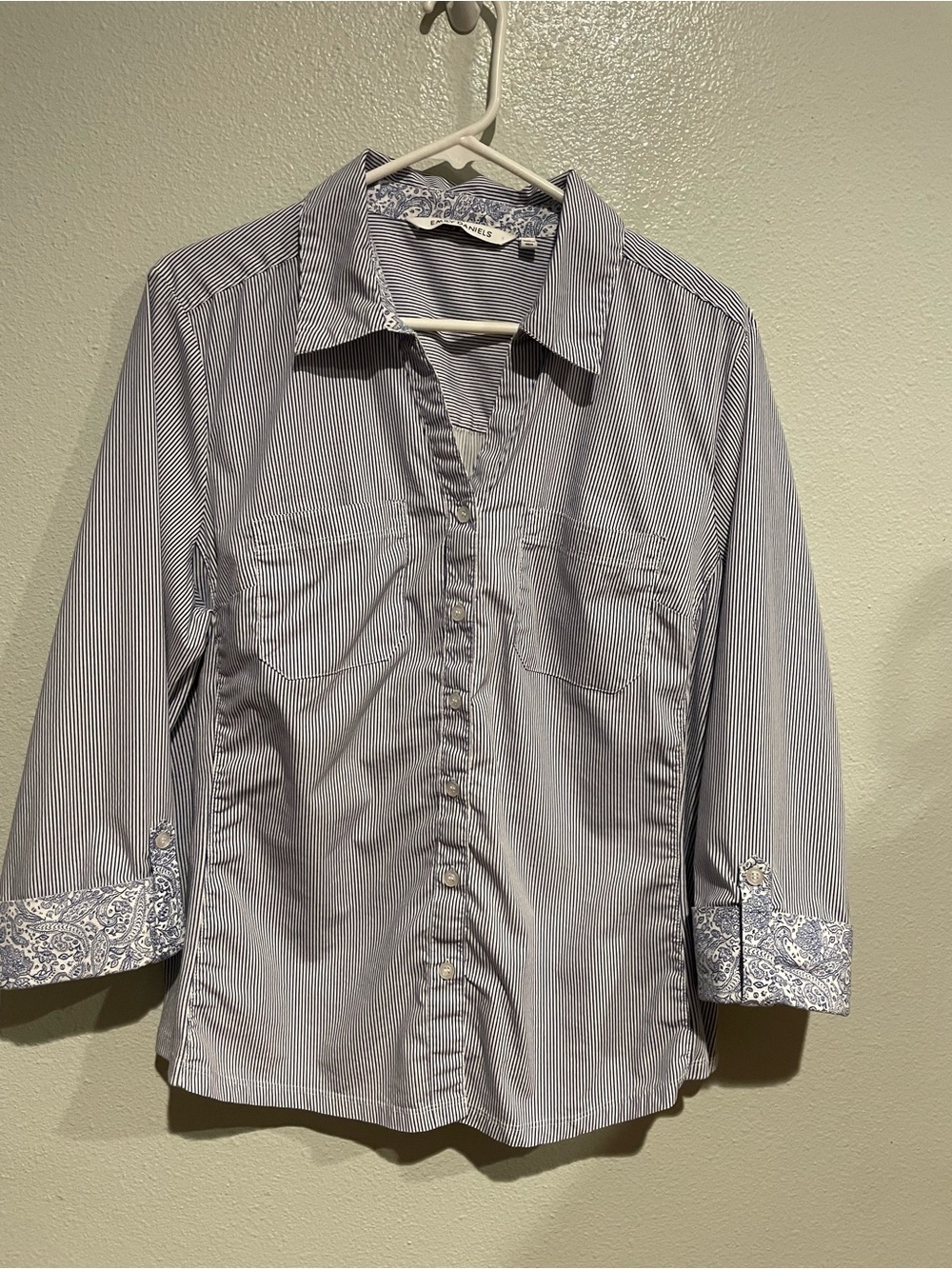 Striped Button-Front Shirt with Paisley Cuff Detail - Blue & White